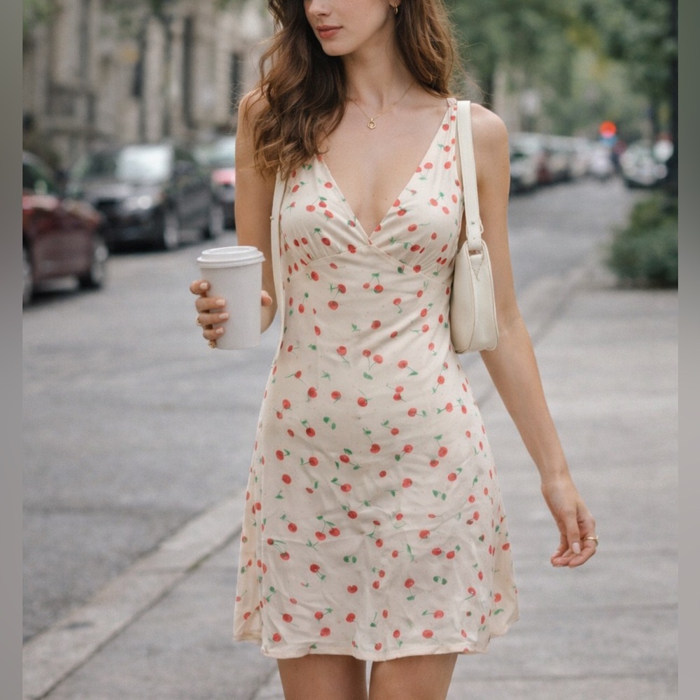 Zara Cherry Print Mini Slip Dress Cream Red Coquette V Neck Medium
